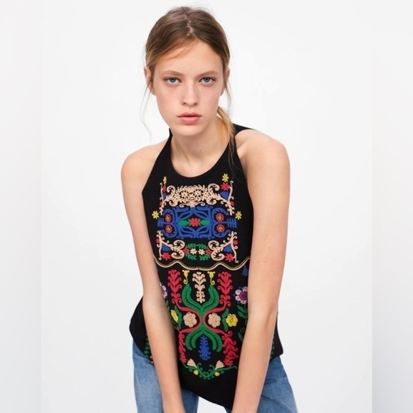 ZARA Women’s High Neck Crepe Aztec Tank Top Southwest Boho Colorful Folk Art S - Picture 1 of 11
